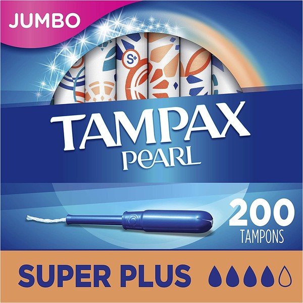 Tampax Pearl Tampons Super Plus Absorbency with BPA-Free Plastic Applicator and LeakGuard Braid, Unscented, 50 Count, (Pack of 4, 200 Total Count)