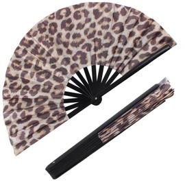 Plzoslly Large Folding Hand Fan for Men/Women, Rave Handheld Fan, Clack Summer Rave Handheld Fan for Disco Party, Beach, Dancing, Gift(Leopard)