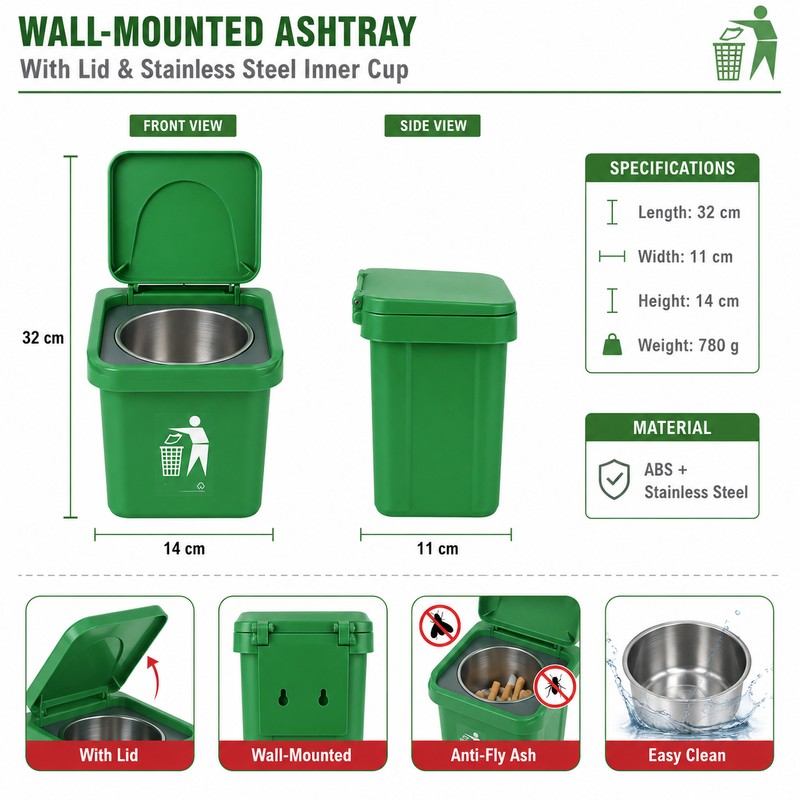 Wall-Mounted Stainless Steel Ashtray for Indoor Use – Lidded Cigarette