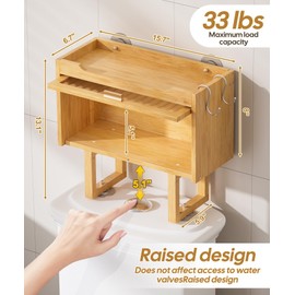 Cozivolife Over The Toilet Storage Cabinet,Bamboo Bathroom Organizer Rack with Lid and 2 Hooks,Space Saver Shelf for Bathroom,No Drilling Design Wall Mounted (Natural, M)
