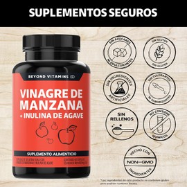 Vinagre de Manzana + Inulina de Agave 60 Cápsulas | 500mg Vinagre de Manzana + 100mg Inulina | Suplemento Alimenticio Natural | Sin Azúcar | Apoya Digestión y Bienestar | Vegano | Sin Gluten