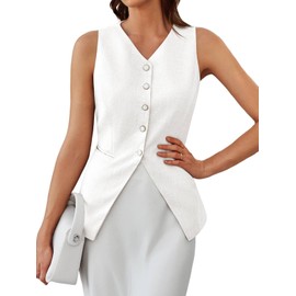 Tankaneo Womens Summer Suit Vest Tops Fashion Casual Sleeveless Blazers Split Hem Button Down Linen Work Waistcoat