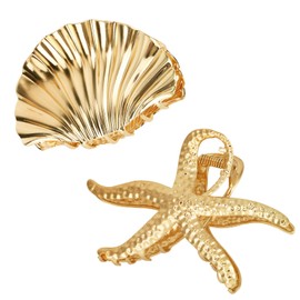 2 Pcs Sea Shell and Starfish Hair Claw Clips for Women and Girls, Large Seashells Claw Clips Fashion Beach Headdress Accessories for Most Hairstyles Thick Long Straight Curly Hair (Gold)