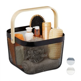 Relaxdays Storage Basket, Handle, Clothing, Decoration, Cosmetics, Steel & Wood, Utensil Basket, 17.5 x 26 x 24.5 cm, Black, 1 Piece