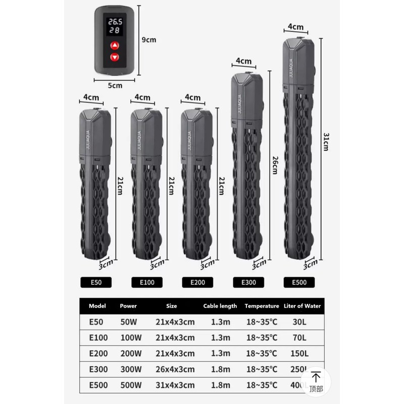 JULIAQUA Aquarium Heater with Temperature Display Eco Heater Adjustable 25W/50W/100W/200W/300W/500W