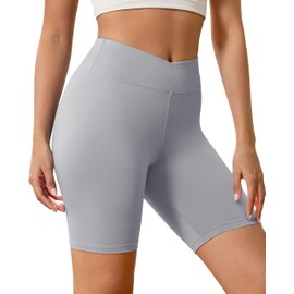 VALANDY Creamlush Crossover Biker Shorts Women - 8" V Cross Waist Yoga Lounge Shorts,Comfortable & Stretchy Light Gray