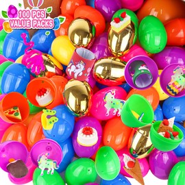 [ 6 Surprise Golden Eggs ] 100 Pack Prefilled Easter Eggs with Assorted Toys Inside, Easter Basket Stuffers Easter Party Favors for Kids Boys Girls, 100 Plastic Easter Eggs Fillers with Fidget Toys