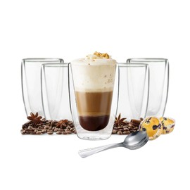 Sendez 6 Double-Walled Cappuccino / Coffee/ Tea Glasses, 200 ml, with 6 Stainless Steel Spoons, Thermoglas