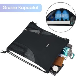 WANDF Backpack with Drawstring String Bag, Gym Bag, Waterproof Nylon Sports Bag, Gym Bag with Outer Pocket, Adjustable Drawstring, Gym Bag for Men and Women, for Sports and Yoga, black