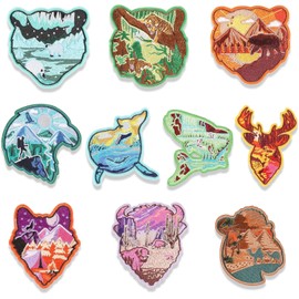 10PCS Assorted Outdoor Adventure Animal Embroidered Patches-Camp Wildlife Mountain Landscape Badges for Backpack,Hiking Gear,Camping Accessories