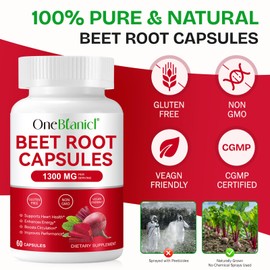 Beetroot Capsules, Beetroot Supplement 1300mg, Nitric Oxide Boost, Natural Beet Root Extract Rich in Vitamins & Minerals, Non-GMO, Vegan, Gluten-Free Raw Powder 60 Capsules