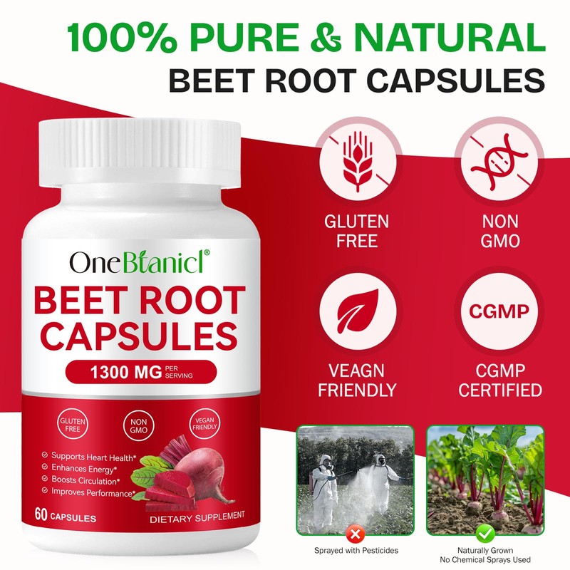 Beetroot Capsules, Beetroot Supplement 1300mg, Nitric Oxide Boost, Natural Beet