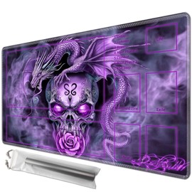 JANENFNA Playmat 24" x 14" with Magic Zones for MTG Card Game Playing, Board Game Mat for Card Breaking Commander Deck Gaming Card Game Battles Mat with Storage Bags, Purple Dragon Skull Rose