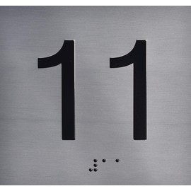 11TH Floor Elevator Jamb Plate sign With Braille and raised number-Elevator floor number sign letters & Grade 2 Braille - Includes Red Adhesive pad for Easy Installation (4" W x 4" H,SILVER/BRUSH SILVER, Tacticle Sign) - The Sensation line