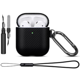 LOPIE Carbon Fiber Texture Case for AirPods 2nd Generation with Cleaner Kit - Vegan Leather Case Cover for AirPods 2nd / 1st Gen (2019/2016), Protective Hard Shell with Keychain & Lanyard - Black