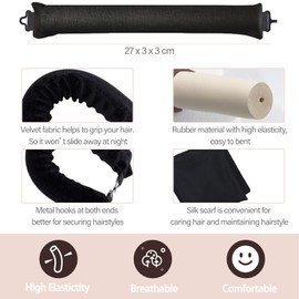 4PCS Heatless Curling Rods, Heatless Blowout Rods with Satin Silk Head Hair Scarf - No Heat Hair Rollers for All Hair Types - DIY Overnight Blowout Rods (Black, One Size)