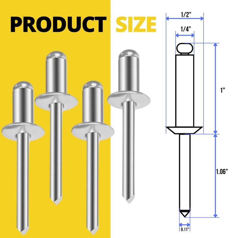 100PCS 1/4" x 1" Large Aluminum Rivets - Silver Stainless