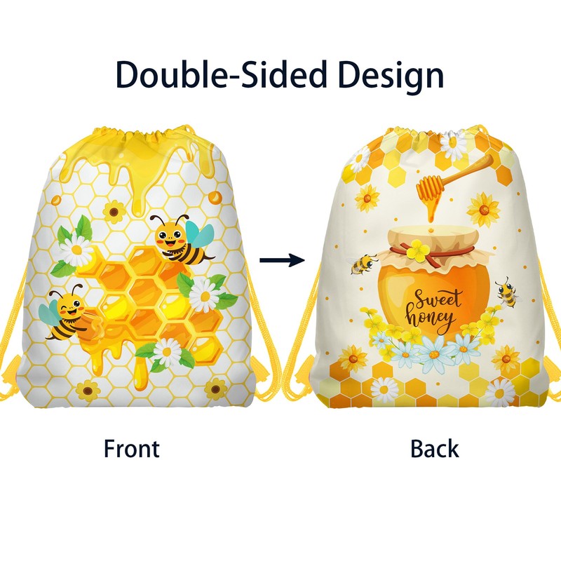 12 Pcs Bee Drawstring Bag Set, Honey-Print Non-Woven Backpacks &