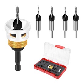 DOAGEAS 5 Pcs Countersink Drill Bit Set with Low Friction Depth Stop, HSS M2 Tapered Bits 1/8" 9/64" 5/32" Drill and 1/2" 82° Counter Bore, 3/8” 82° Counter-Bore and 11/64" 3/16" Drill