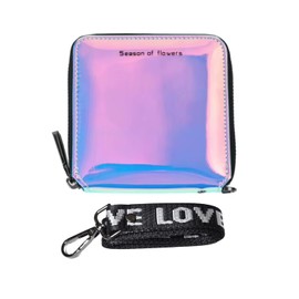 Women PU Faux Leather Fashion Holographic Shiny Laser Zip Around Wallets Coin Purse with Neck Lanyard (Blue)