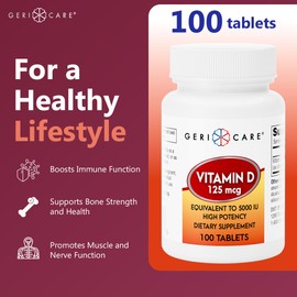 GeriCare Vitamin D 125 mcg (5,000 IU) High Potency – Supports Strong Bones, Healthy Mood & Immune Defense – Daily Support Supplement for Overall Well-Being – 100 Tablets (Pack of 1)