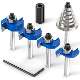 MEIGGTOOL 4Pcs Rabbet Router Bit 1/4" Shank with 6 Bearings Set - 1/16", 3/16", 1/4", 5/16", 3/8", 7/16". Interchangeable Bearings with 1/2" to 1/4" Router Collett