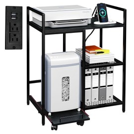 TC-HOMENY Printer Stand with Pull-out Shelf, 3-Tier Multi-Functional Home Printer Stand with Charging Station (Black)