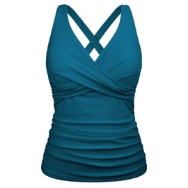 Firpearl Women Underwire Bathing Suit Top Wrap Twist V Neck Swimsuits Ruched Slimming Tankini Top Blue Coral US16