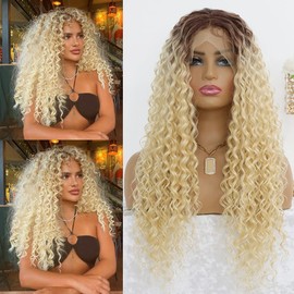 MACA BAKA Ombre 613 Bleach Blonde Deep Curly Lace Front Wig Synthetic Hair Glueless Long Curly Blonde 13x4 Lace Front Wigs Pre Plucked With Baby Hair For Women 150 Density 24 Inches