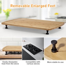 Bamboo Stovetop Cover Cutting Board with Legs and Juice Grooves, Knife Friendly Serving Tray, Wood Cutting Board, Cooktop Protector Noodle Board Stove Cover for RV Stove