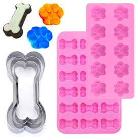 Set of 7, Puppy Dog Paw and Bone Silicone Molds with Stainless Steel Bone Cookie Cutter, findTop Food Grade Silicone Molds (Pink & Blue), Assorted Sizes Dog Bone Biscuit Cookie for Chocolate, Ice Cube