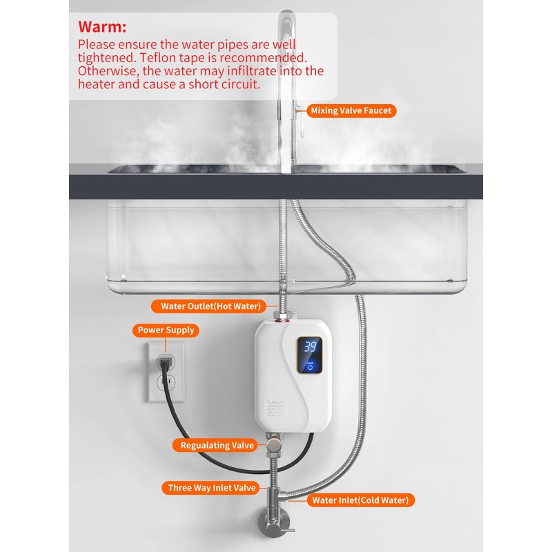 Electric Tankless Water Heater 110V 3000W, Under Sink Instant Hot