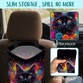 KXWQTRDD British Shorthair Cat Car Garbage Bag Colorful Splash Drawstring Car Trash Bag Hanging for Back Seat with Adjustable Buckle Canvas Vehicle Trash Can Easy-to-Install