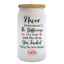 Farewell Gifts for Women 16oz Frosted Iced Coffee Glass Cup with Bamboo Lid and Straw “Never Underestimate the Difference You Make” Cute Retirement Gifts for Women, Coworker Leaving Gifts, Work Wife