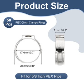 PATIKIL 5/8 Inch PEX Crimp Rings, 50 Pack Single Ear Hose Clamps Stainless Steel Cinch Crimp Ring Pinch Clamps for Pex Tubing Pipe Fitting Connections, Silver