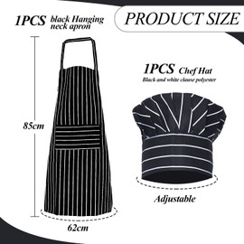 1 x black and white striped apron, 1 x chef's hat, cooking apron, waterproof and oil-resistant chef's overall, tie apron with pockets, cooking set, suitable for kitchen, restaurant, café, Black and