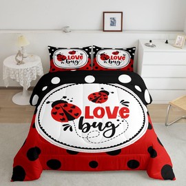 Homewish Ladybug Comforter Set,Wave Point Bedding Set for Kids Girls Women,Adults Red and Black Comforter,Cute Ladybug Quilted Duvet Set Bedroom Collection Twin Size 2Pcs