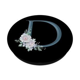 Letter D Teal Blue Floral Initial Monogram on Black