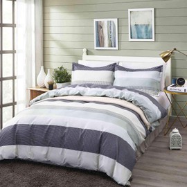 Nanko Queen Duvet Cover Set 3pc 90x90 Gray Mint Green Striped Pattern Printed Luxury Microfiber Comforter Quilt Bedding Cover with Zipper Closure Ties - Modern for Men and Women Chambray