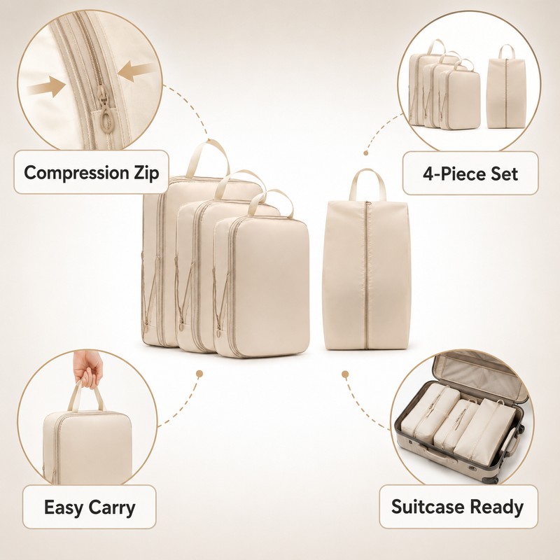 Compression Packing Cubes for Travel - 4-Piece Waterproof Luggage Organizer