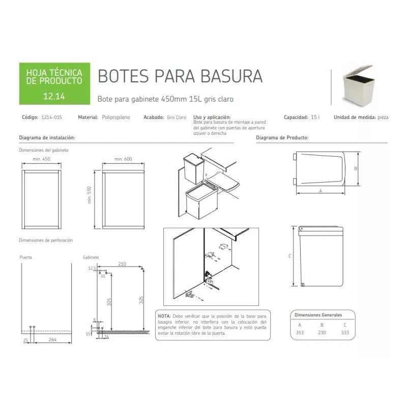 Cerrajes Bote De Basura Para Alacena Cocina 15l Plastico Lateral