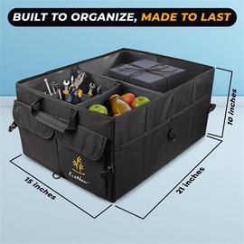 EcoNour Trunk Organizer for Car | SUV Collapsible Cargo Storage Box with Detachable Dividers, Mesh Pockets & Adjustable Straps | Multi Compartment Organizer for Groceries, Tools, Travel – Black