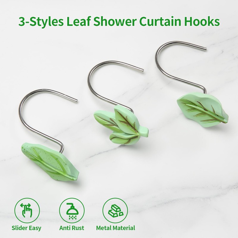 12PCS Leaves Shower Curtain Hooks, Green Plant Leaves Decorative Shower