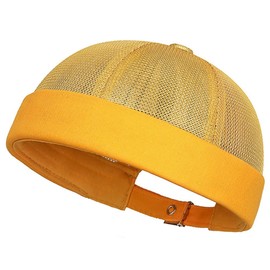 Men's Mesh Brimless Docker Cap Unisex Adjustable Beanie Caps Rolled Cuff Retro Hat Summer Worker Sailor Hat Skullcap Gold