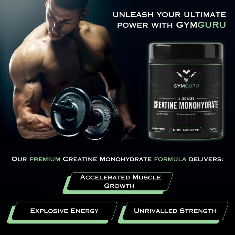 Gym Guru® Creatine Monohydrate Powder, Unflavoured, Micronized | 500g |