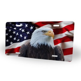 License Plate The American Flag with Bald Eagle Aluminum Metal Car Tag United States National Patriotic Symbol USA Flag White Wildlife Durable Automotive Front Plate 6 X 12 Inch