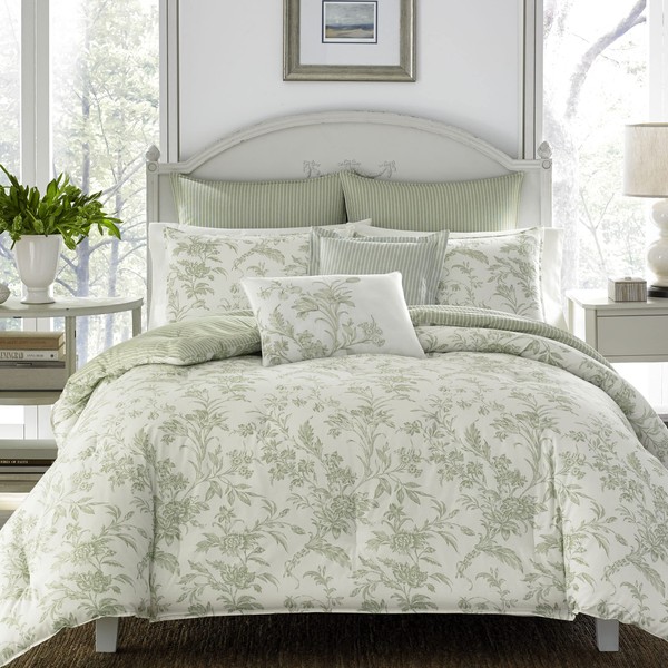 Laura Ashley Home - Twin Size Comforter Set, Reversible Cotton Bedding, Includes Matching Sham with Bonus Euro Sham & Throw Pillows (Natalie Sage/Off White, Twin)