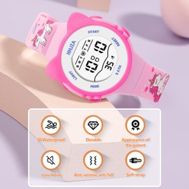 HMJIA Children's Watch Girls with Cat Motif Necklace Set 3ATM Waterproof Watch with Alarm Stopwatch LED Light Children's Watch Digital Birthday for 3-12 Years Girls, Unicorn, cute