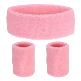 sourcing map Sweat Band Set Sports Terry Cloth Headband Wristband Set 7"x2" Moisture Wicking Sweat Absorbing Head Band for Women Men Workout Exercise Basketball(Pink)
