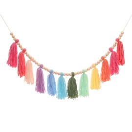 Avxzbef Colorful Tassel Garland Yarn Bunting Banner with Wood Bead for Kids Nursery Room Bedroom Wall Hanging Decor Birthday Party Baby Shower Wedding Decor